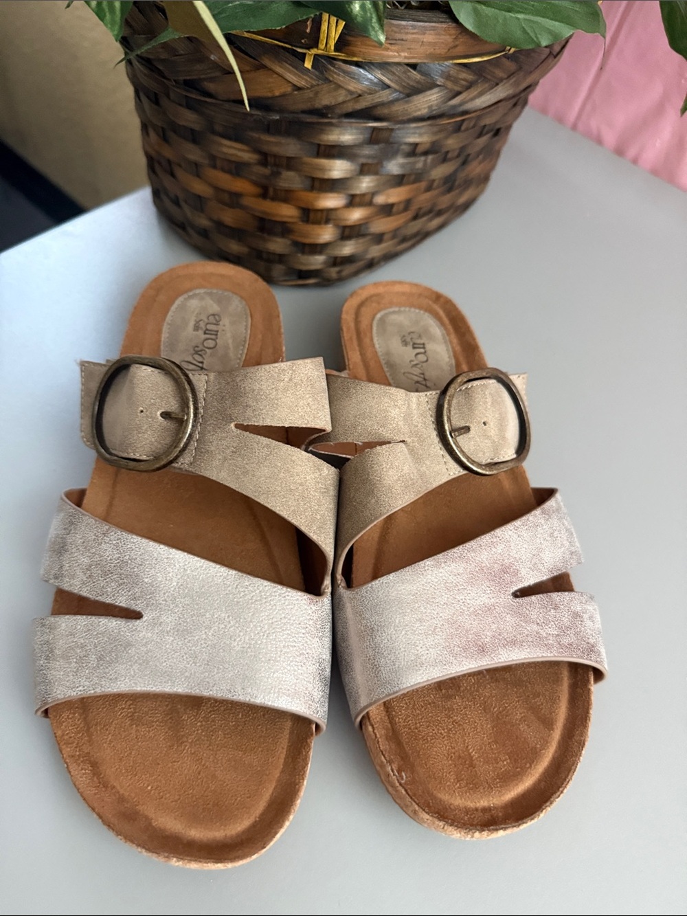 Women’s Metallic Taupe Slide Sandals with Buckle Detail